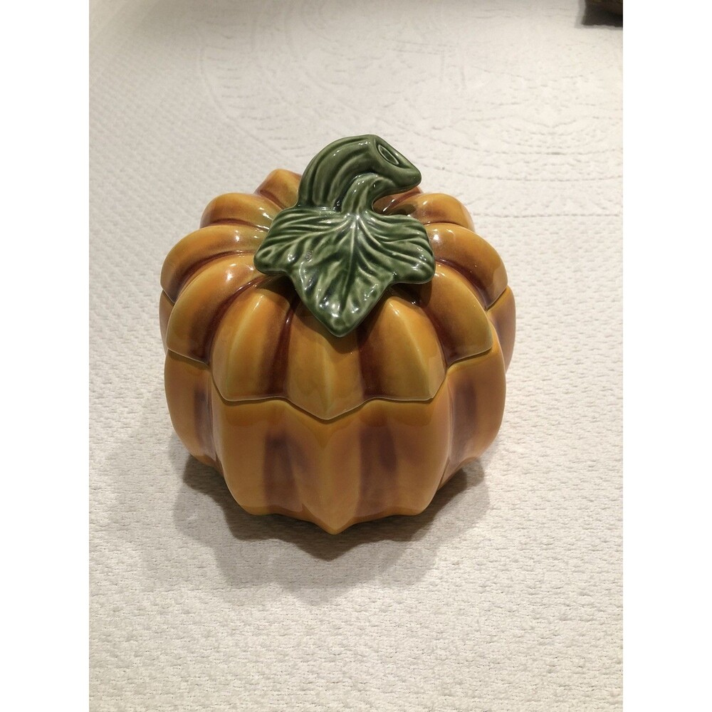 Olfaire Ceramic Pumpkin Candy Dish w/Lid Made in Portugal 7”T 7”W Decorative